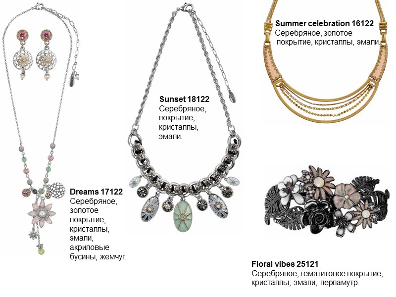 Floral vibes 25121  Серебряное, гематитовое покрытие,  кристаллы, эмали, перламутр.  Summer celebration